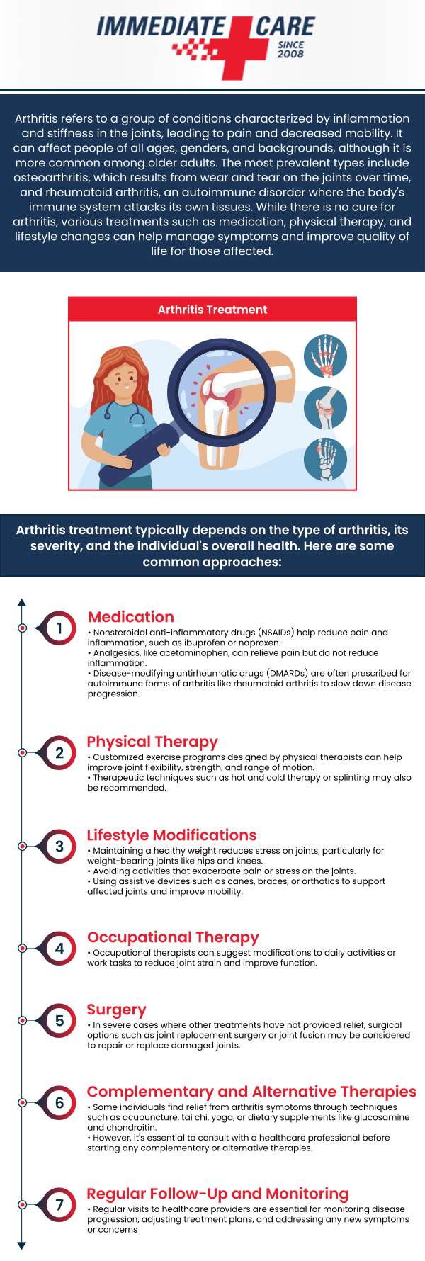 At Immediate Care of Oklahoma, our doctors are proud to provide arthritis treatment to our patients. For more information, call us now. We have 7 convenient locations to serve you in Oklahoma City, OK.