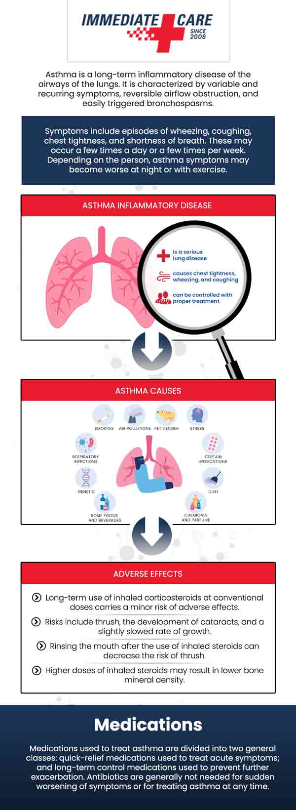 Asthma is a medical condition that causes inflammation, swelling, and constriction of the airways, leading to the tightening of the muscles around them. This condition results in recurring episodes of chest tightness, wheezing, breathlessness, and early morning coughing. Get effective asthma treatment and management plans from experienced professionals at Immediate Care of Oklahoma. Feel free to contact us or request an appointment online. We have convenient locations to serve you in Oklahoma City, OK.