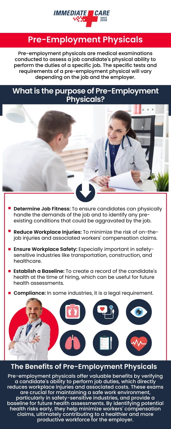 A pre-employment physical is a medical test that is performed before starting a new job. This examination helps to ensure that the candidate is physically suitable for the job requirements and doesn't pose a health risk to themselves or others in the workplace. It generally consists of a review of medical history, vital sign checks, vision and hearing tests, and physical ability relevant to the job. At Immediate Care of Oklahoma, we offer walk-in pre-employment physicals. For more information, contact us or schedule an appointment online. We have convenient locations to serve in Oklahoma City, OK. A pre-employment physical is a medical test that is performed before starting a new job. This examination helps to ensure that the candidate is physically suitable for the job requirements and doesn't pose a health risk to themselves or others in the workplace. It generally consists of a review of medical history, vital sign checks, vision and hearing tests, and physical ability relevant to the job. At Immediate Care of Oklahoma, we offer walk-in pre-employment physicals. For more information, contact us or schedule an appointment online. We have convenient locations to serve in Oklahoma City, OK.