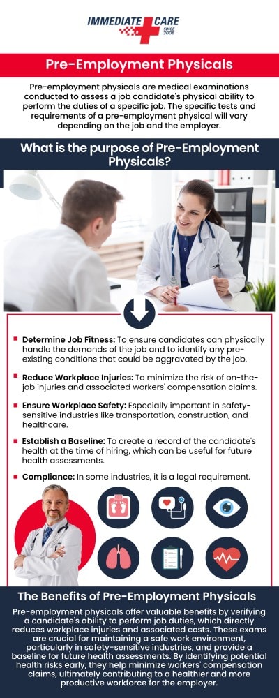 A pre-employment physical is a medical test that is performed before starting a new job. This examination helps to ensure that the candidate is physically suitable for the job requirements and doesn't pose a health risk to themselves or others in the workplace. It generally consists of a review of medical history, vital sign checks, vision and hearing tests, and physical ability relevant to the job. At Immediate Care of Oklahoma, we offer walk-in pre-employment physicals. For more information, contact us or schedule an appointment online. We have convenient locations to serve in Oklahoma City, OK. A pre-employment physical is a medical test that is performed before starting a new job. This examination helps to ensure that the candidate is physically suitable for the job requirements and doesn't pose a health risk to themselves or others in the workplace. It generally consists of a review of medical history, vital sign checks, vision and hearing tests, and physical ability relevant to the job. At Immediate Care of Oklahoma, we offer walk-in pre-employment physicals. For more information, contact us or schedule an appointment online. We have convenient locations to serve in Oklahoma City, OK.