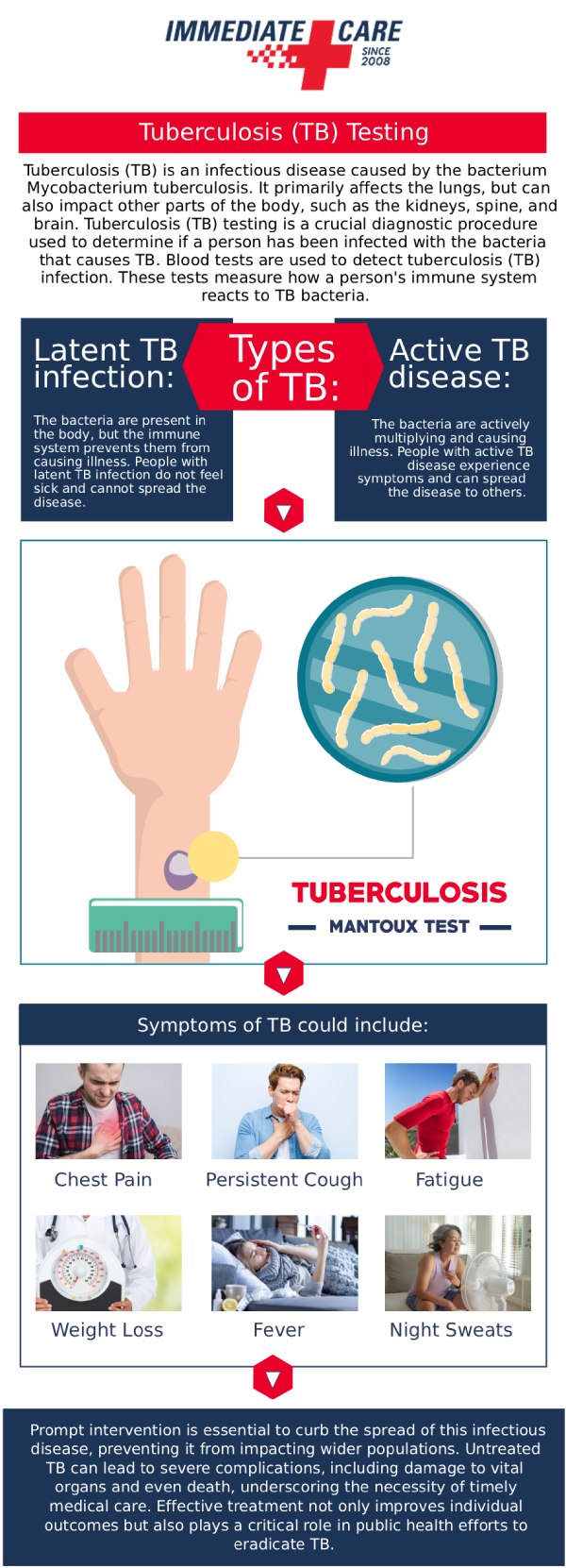 Common questions asked by clients: What is TB skin testing, and why is it important? How is the TB skin test administered? What do the results of a TB skin test mean? Who should get a TB skin test at Immediate Care of Oklahoma in Oklahoma City, OK? For more information, contact us or schedule an appointment online. We have convenient locations to serve in Oklahoma City, OK.
